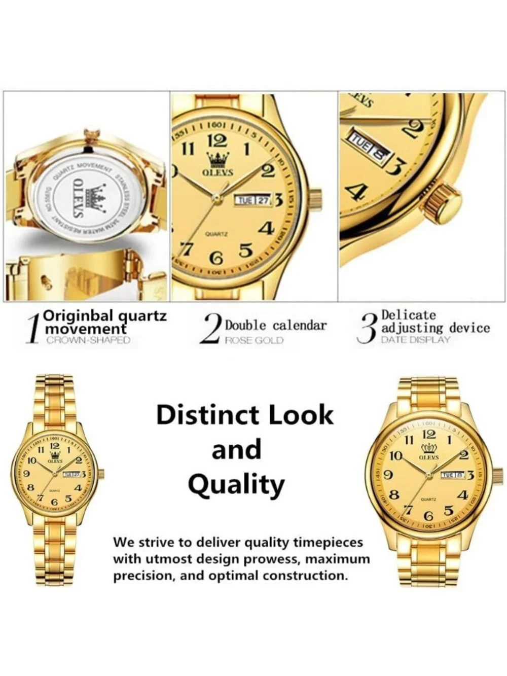 Olevs Men's Gold Digital Stainless Analog Quartz Waterproof Luminous Wrist Watch